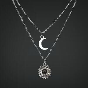 Fashion Jewelry Silver Multi Layer Moon & Black Stone Pendant Necklace